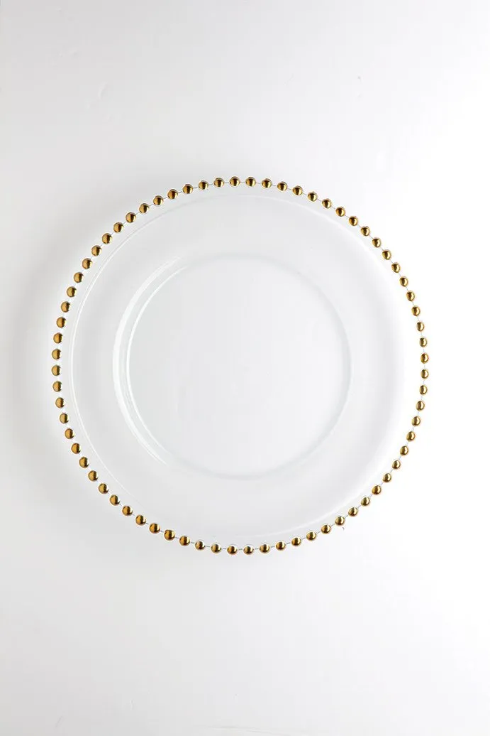 12.5" Clear Glass w/bead Charger Plate (Gold Bead) - BEA3