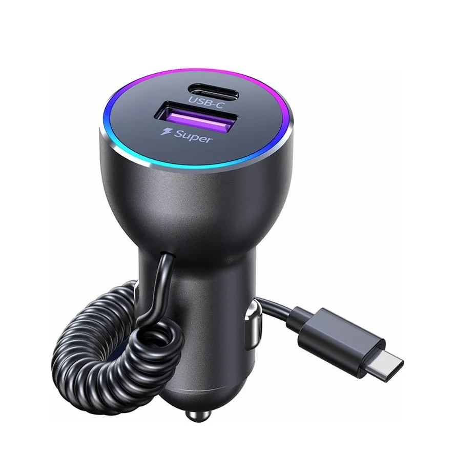 (1.2m / 30W) 3in1 USB C / USB A spiral car charger PD with LED lighting - Black