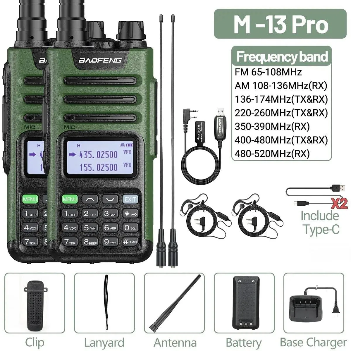 1/2PCS Baofeng M-13 Pro Air Band Walkie Talkie 10W Wireless Copy Frequency Long Range Type-C NOAA AM UV-5R K5 Ham Two Way Radio