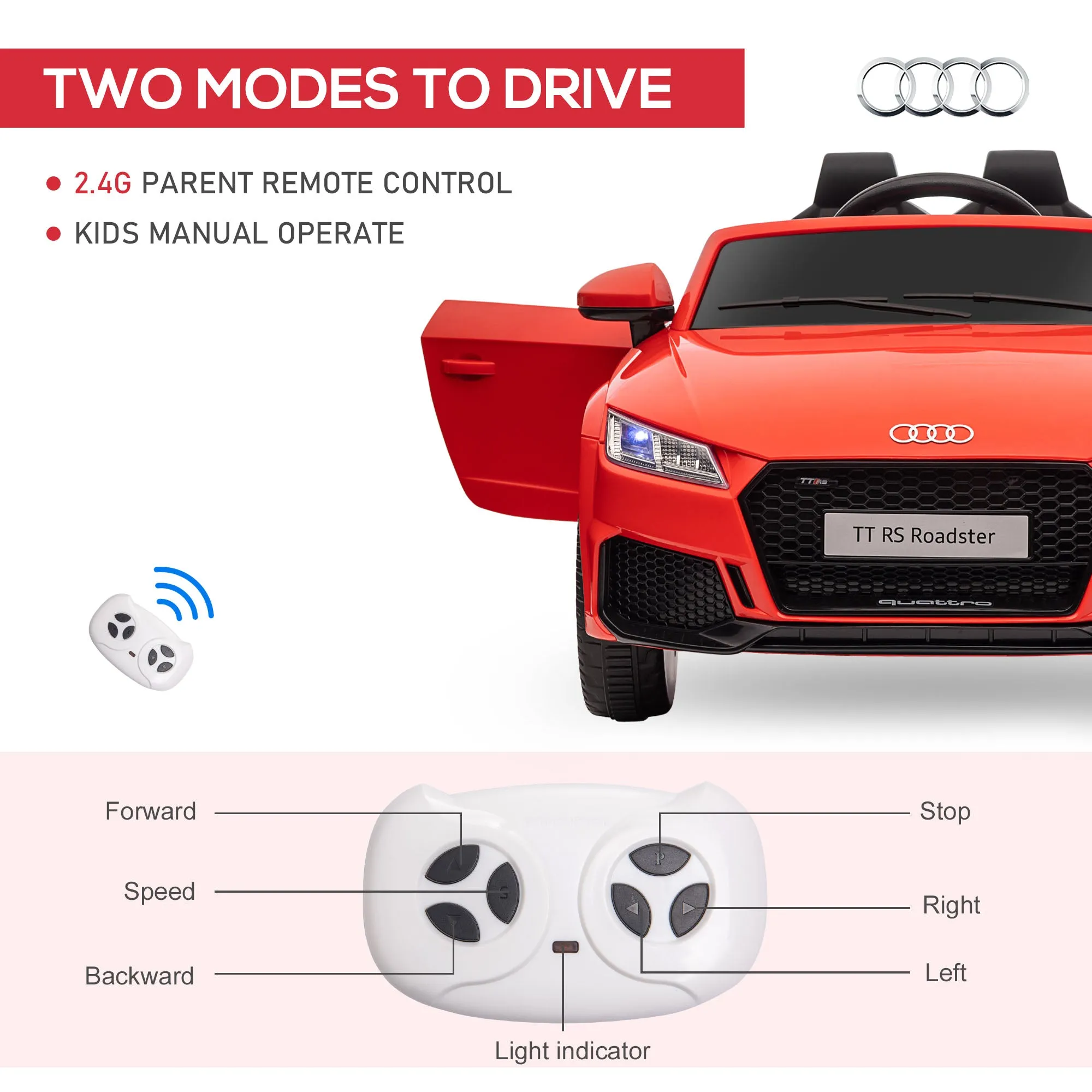 12V Battery Licensed Audi TT RS Ride-On Car w/ Remote, Headlight - Red