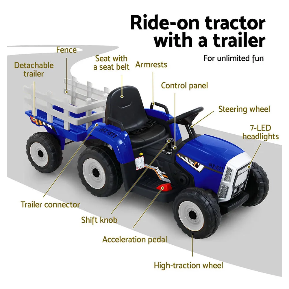 12V Electric Ride On Car Tractor with Trailer, Blue - Rigo