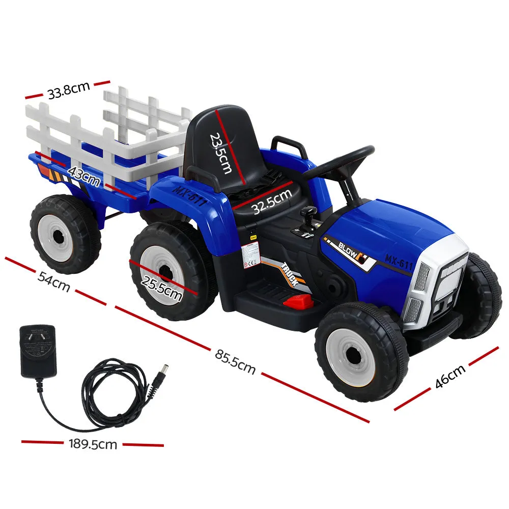 12V Electric Ride On Car Tractor with Trailer, Blue - Rigo