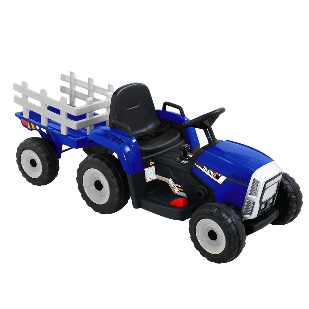 12V Electric Ride On Car Tractor with Trailer, Blue - Rigo