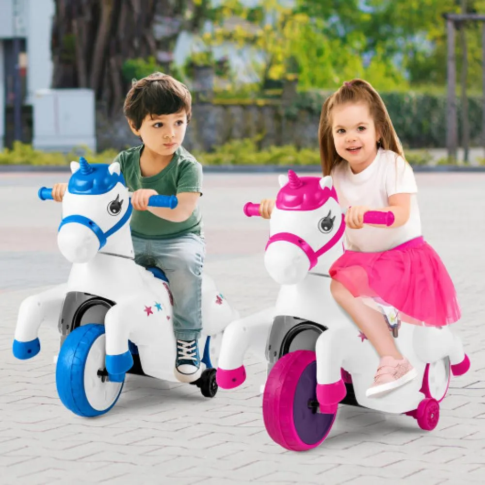 12V Unicorn Ride on Toy with Training Wheels and Horse Riding Mode-Navy