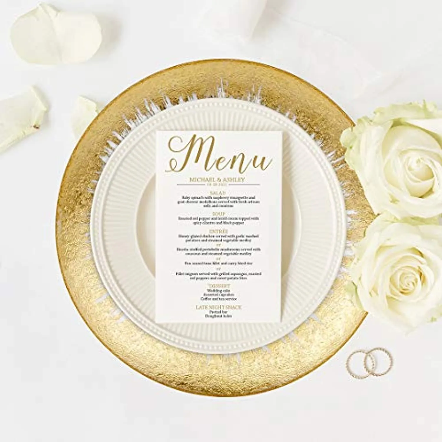 13" Brush Gold Foil Leaf Rim Glass Charger Plates, Modern Glam Look, Bulk Set of 4