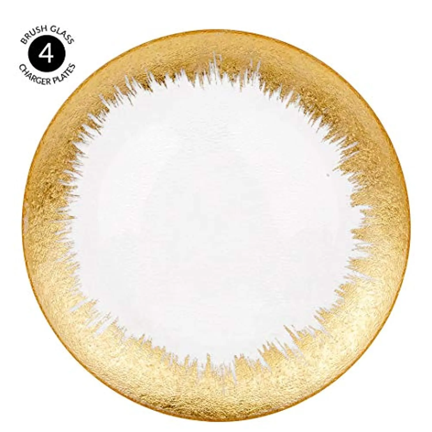 13" Brush Gold Foil Leaf Rim Glass Charger Plates, Modern Glam Look, Bulk Set of 4