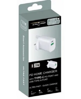 20 Watt PD Charger with USB & Type C | White