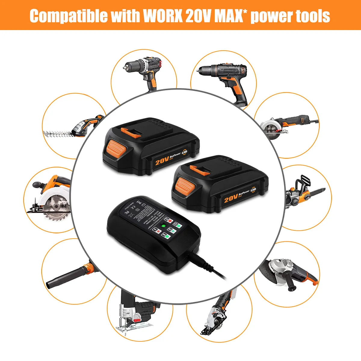 20V 4.0Ah WA3575 Compact Batteries with Charger Combo Replacement for WORX 20V Battery and Charger Kit WA3742 WA3520 WA3525 WA3575 Battery and Charger