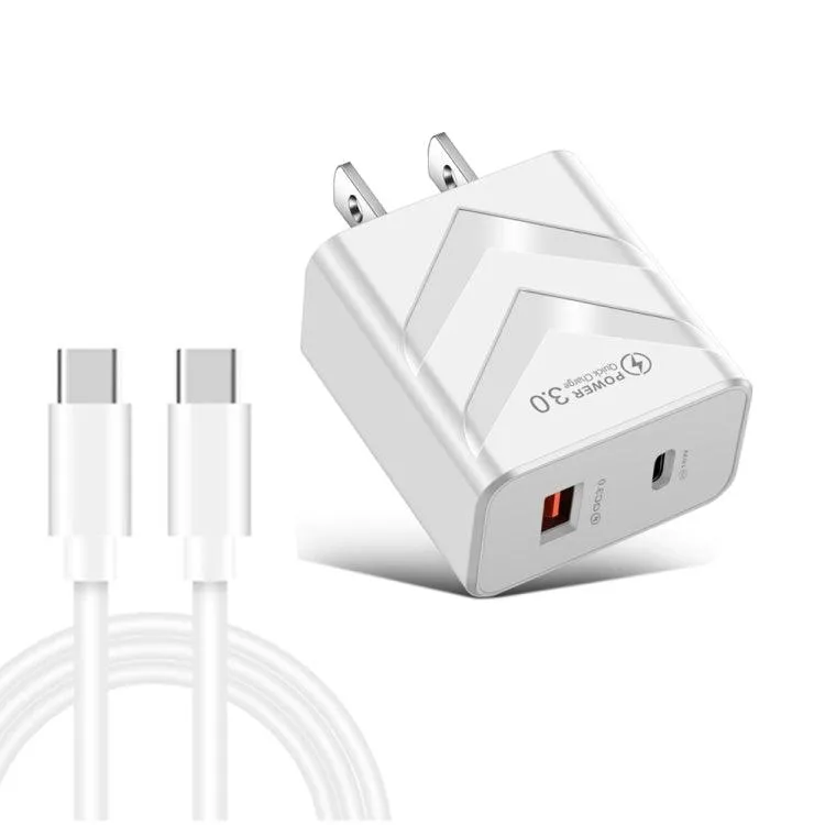 20W Dual-Port Fast Charging Travel Charger with USB-C Cable - PD & QC 3.0 Compatible