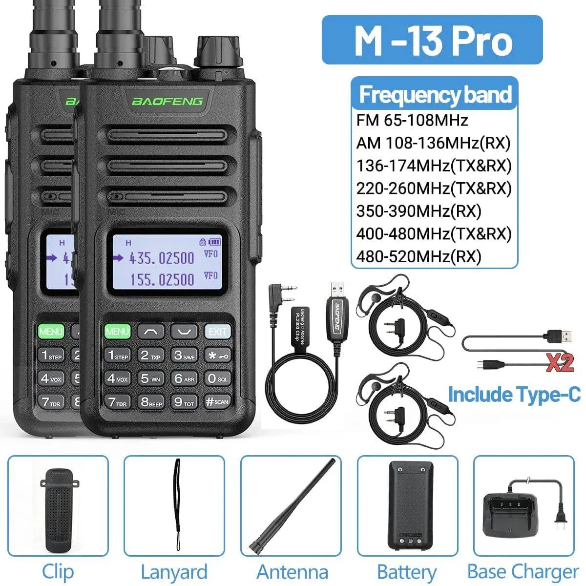 2PCS Baofeng M-13 Pro Air Band Walkie Talkie Wireless Copy Frequency NOAA Type-C AM FM Long Range UV-5R Ham Two Way Radio