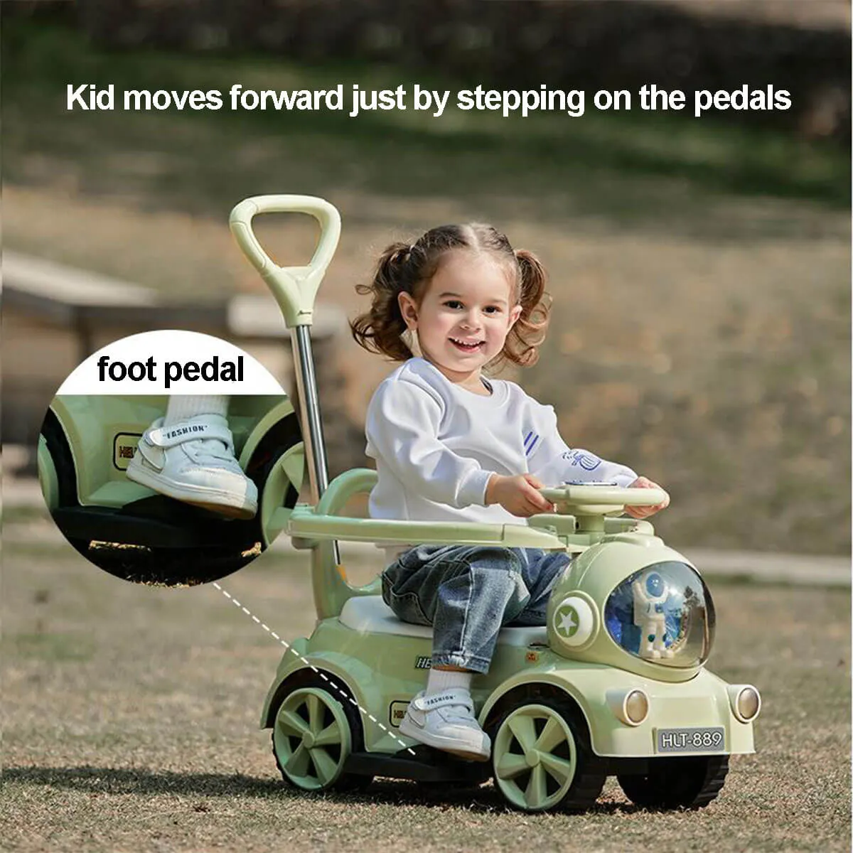 6V Kids Electric Ride On Car Adjustable Push Bar 3-IN-1 Push Car with Lights & Music