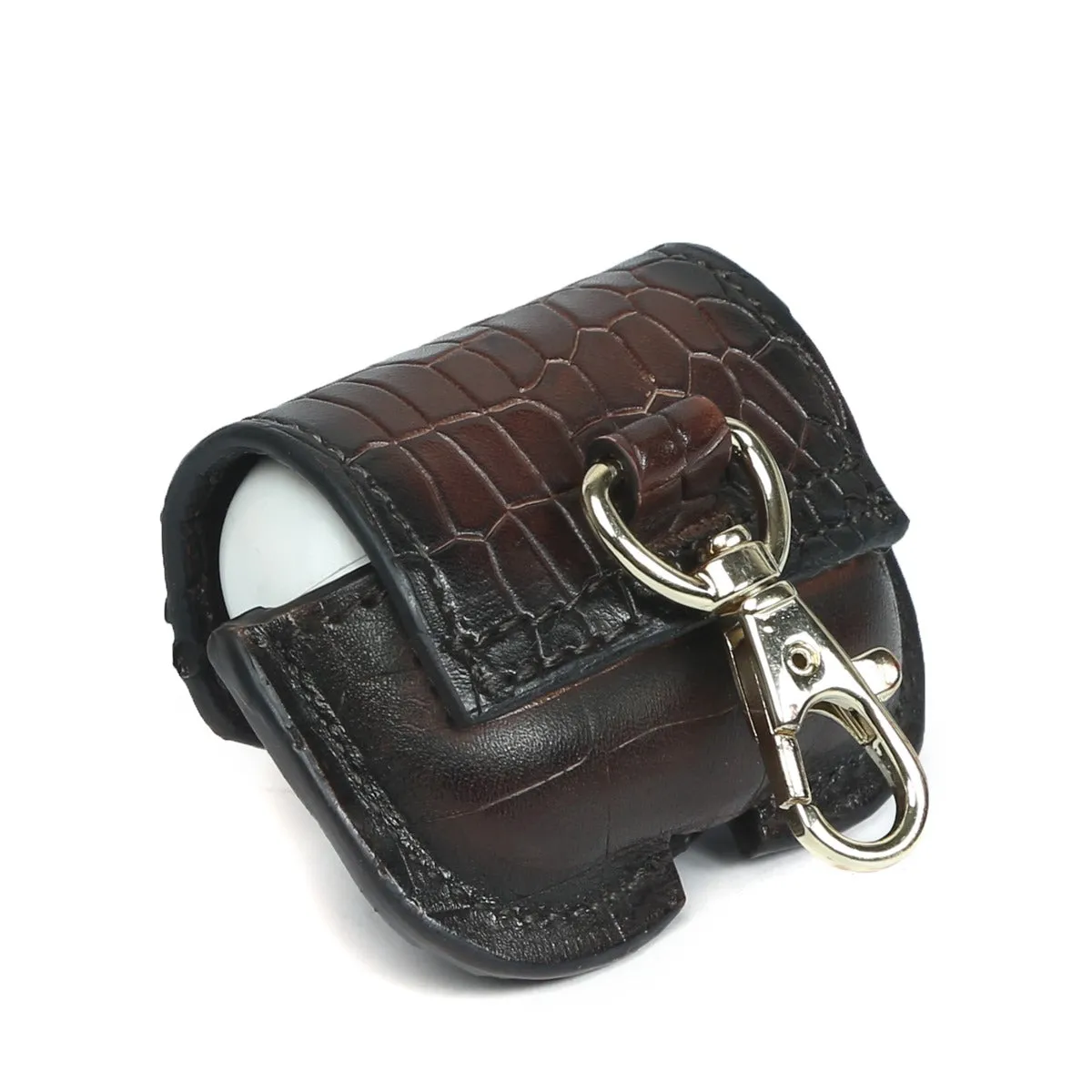 Air-Pods Dark Brown Croco Print Leather Carrying Case