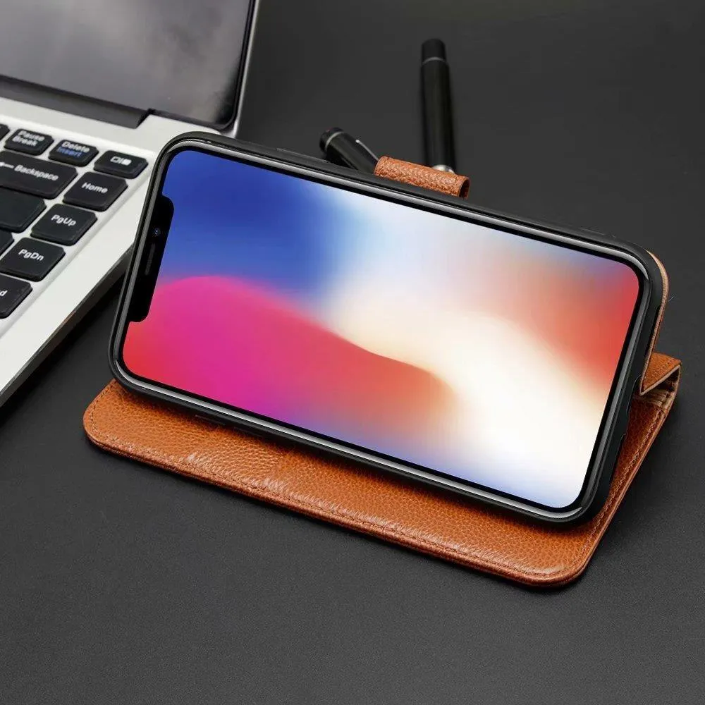 Apple iPhone XS Max, Genuine Leather Flip Folio Book Wallet Case