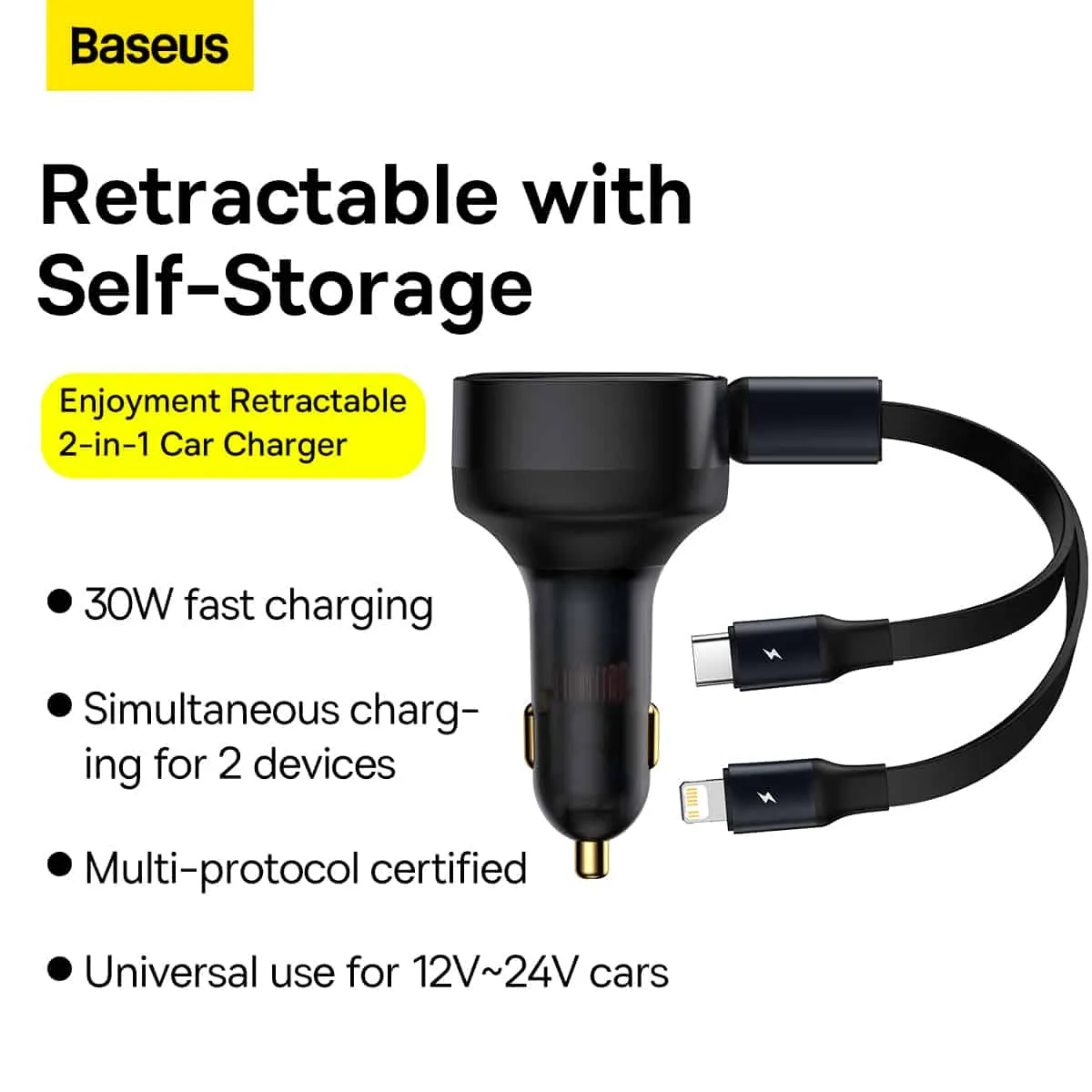 Baseus Enjoyment Retractable 2-in-1 C L 30W Car Charger