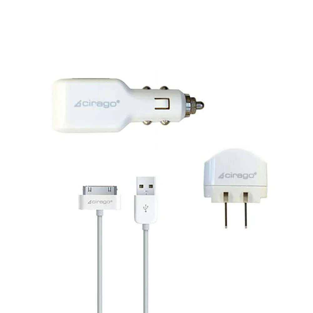 Cirago 1Amp Car & Wall Charger Kit with 3ft 30-Pin to USB Cable Combo Pack White