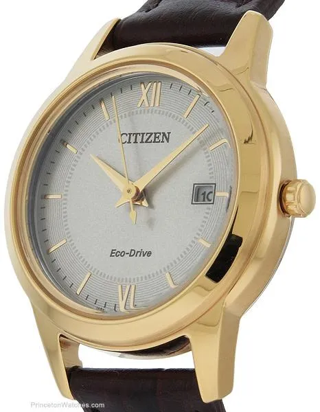 Citizen Ladies Eco-Drive Date Watch - Gold Tone - Brown Leather Strap