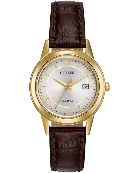 Citizen Ladies Eco-Drive Date Watch - Gold Tone - Brown Leather Strap