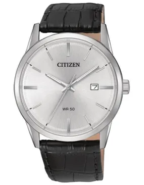 Citizen Mens Quartz Dress Watch - Black Leather Strap - Silver/White Dial - Date