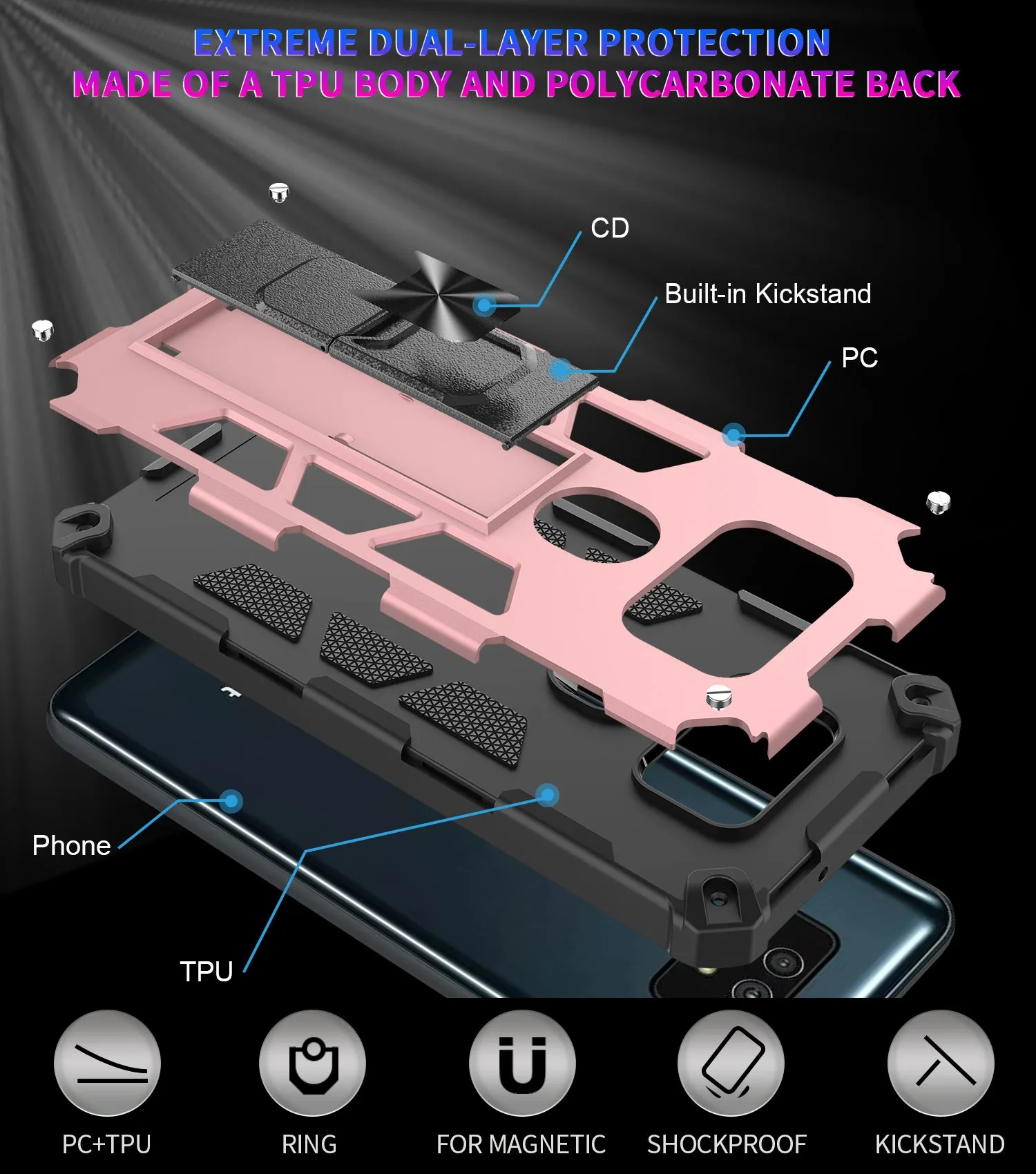 Cricket Ovation 2 Case ,AT&T Maestro Max Case [Military Grade] Ring Car Mount Kickstand Hybrid Hard PC Soft TPU Shockproof Protective Case - Rose Gold