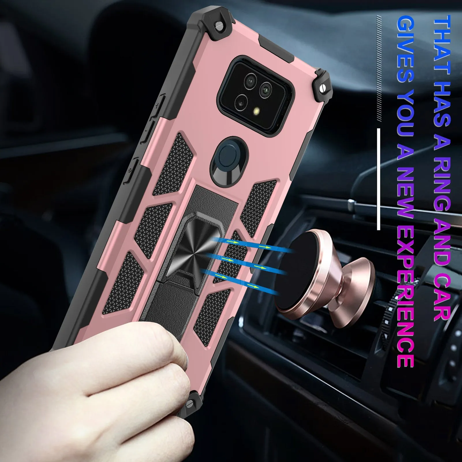 Cricket Ovation 2 Case ,AT&T Maestro Max Case [Military Grade] Ring Car Mount Kickstand Hybrid Hard PC Soft TPU Shockproof Protective Case - Rose Gold