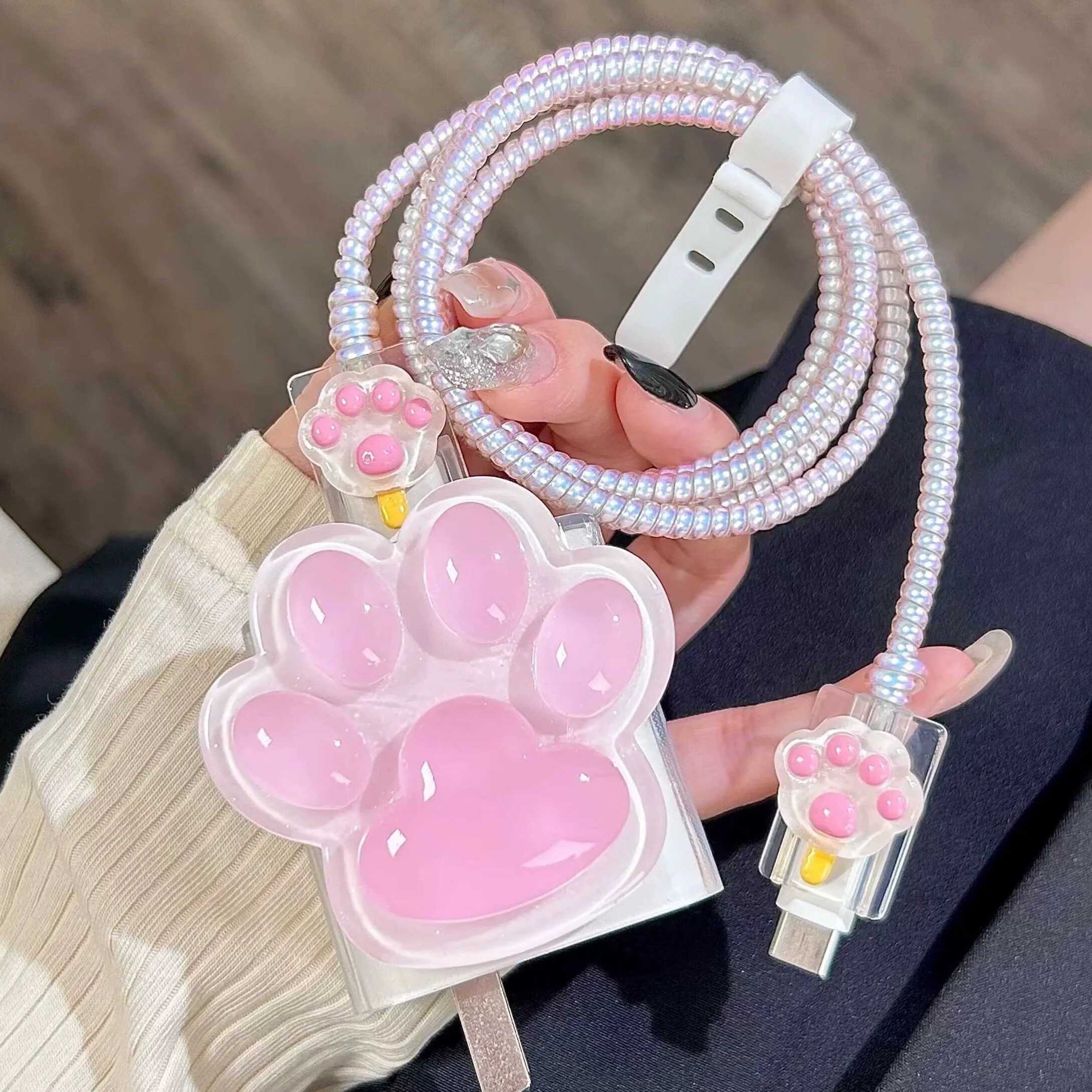 Cute Solid 3D Pink & White Paw Print Design Protective Shockproof iPhone Charger Case   Holographic Cable Wire Cover for Charger Longevity