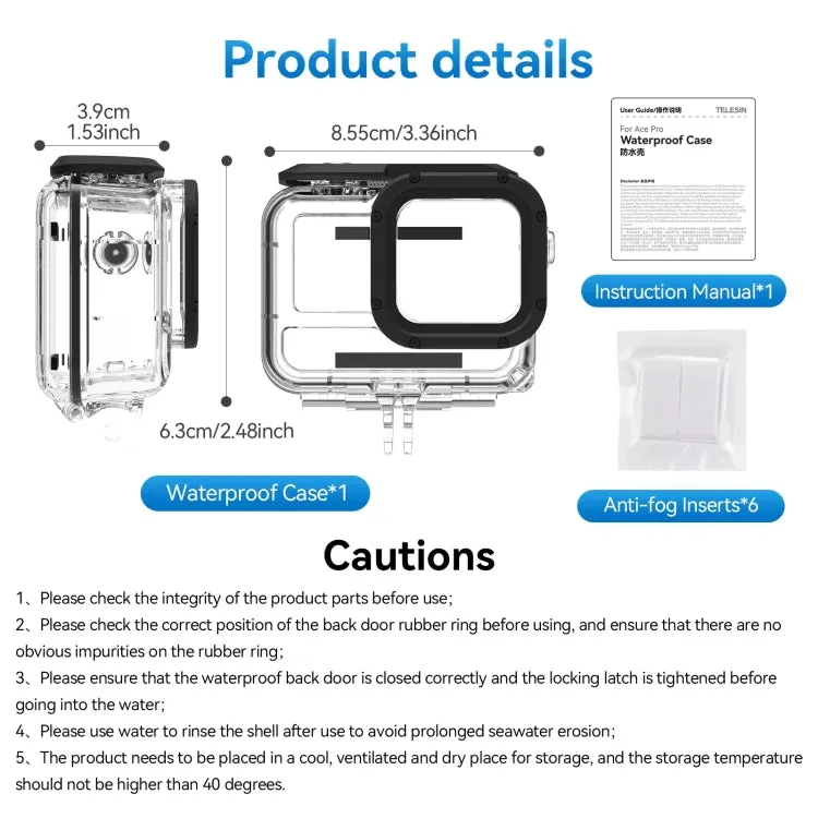 For Insta360 Ace Pro Camera TELESIN 45m Waterproof Case Underwater Diving Housing Cover