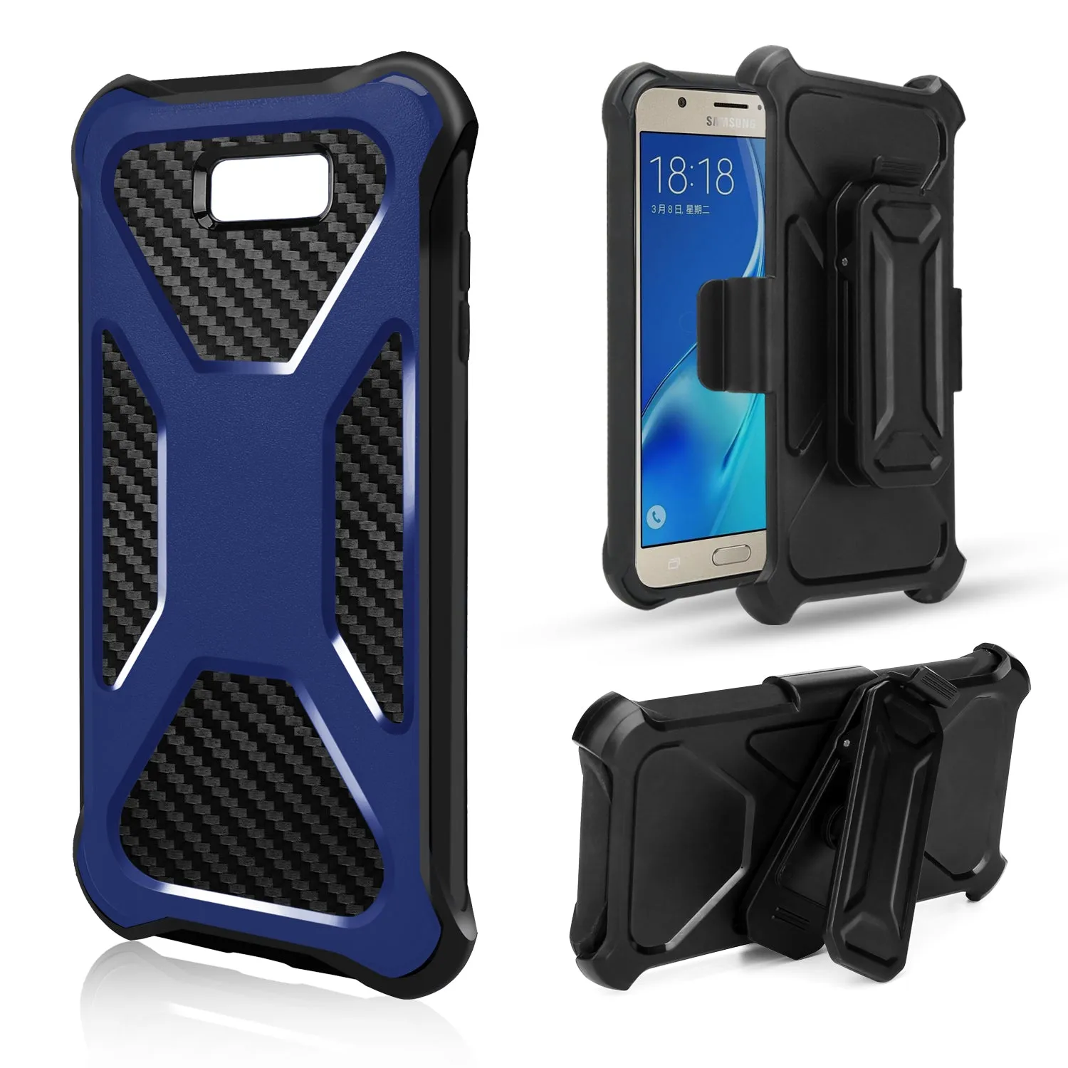 Galaxy J3 Emerge Case, Rugged Slim Rotating Swivel Lock Carbon Fiber Combo Case for Galaxy J3 Emerge - Blue