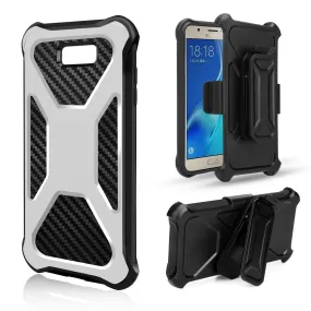 Galaxy J3 Emerge Case, Rugged Slim Rotating Swivel Lock Carbon Fiber Combo Case for Galaxy J3 Emerge - White