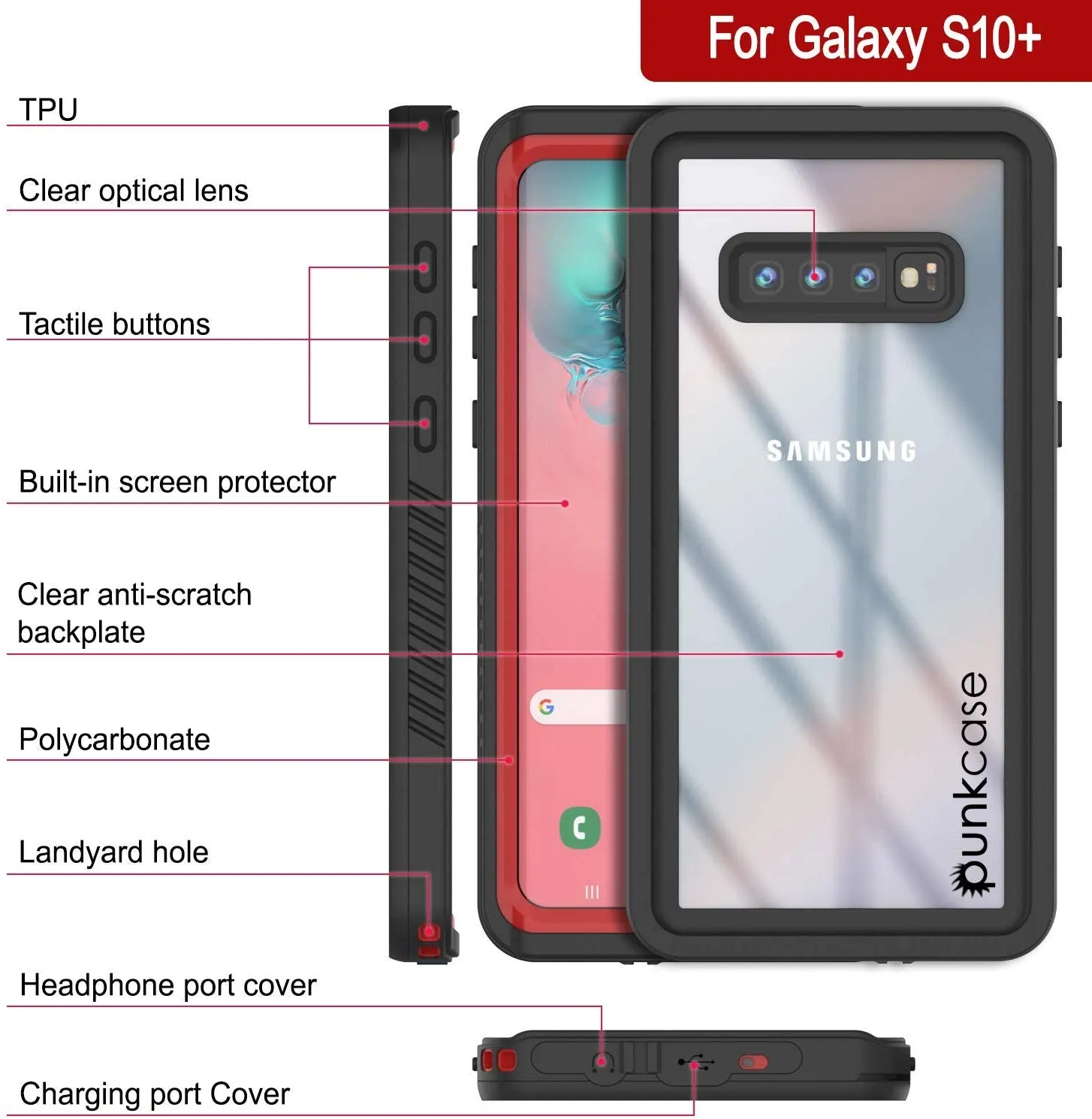 Galaxy S10  Plus Water/Shock/Snowproof Slim Screen Protector Case [Red]