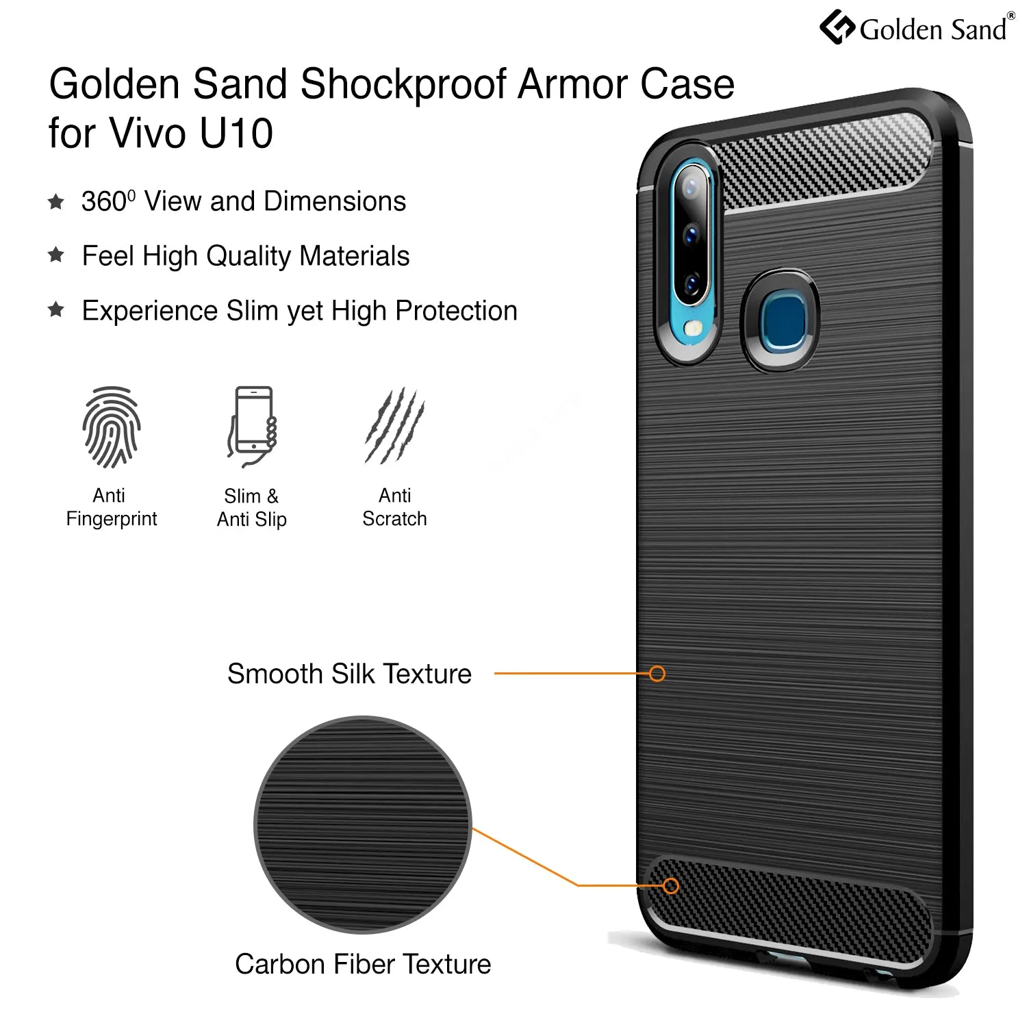 Golden Sand Shock Proof Armor Cover for Vivo U10, Vivo Y17, Black