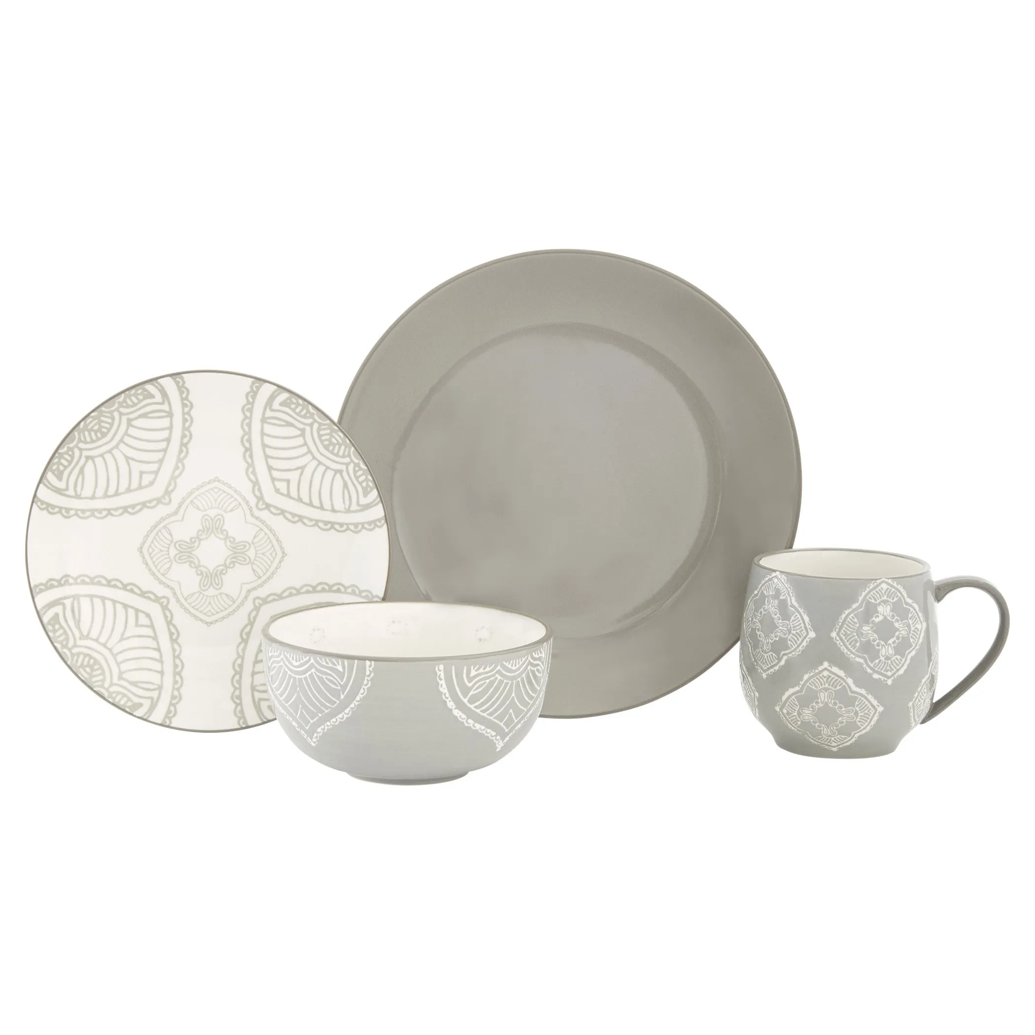 Gray And Ivory Sixteen Piece Round Geometric Dinnerware Set