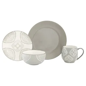 Gray And Ivory Sixteen Piece Round Geometric Dinnerware Set