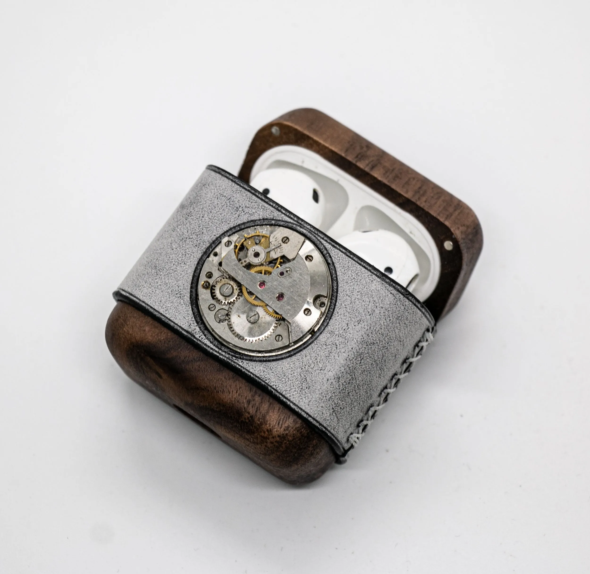 Handmade Leather Wood AirPods 1,2 Case with Silver Watch Movement Custom Leather AirPods 1,2 Case Airpod Case Cover