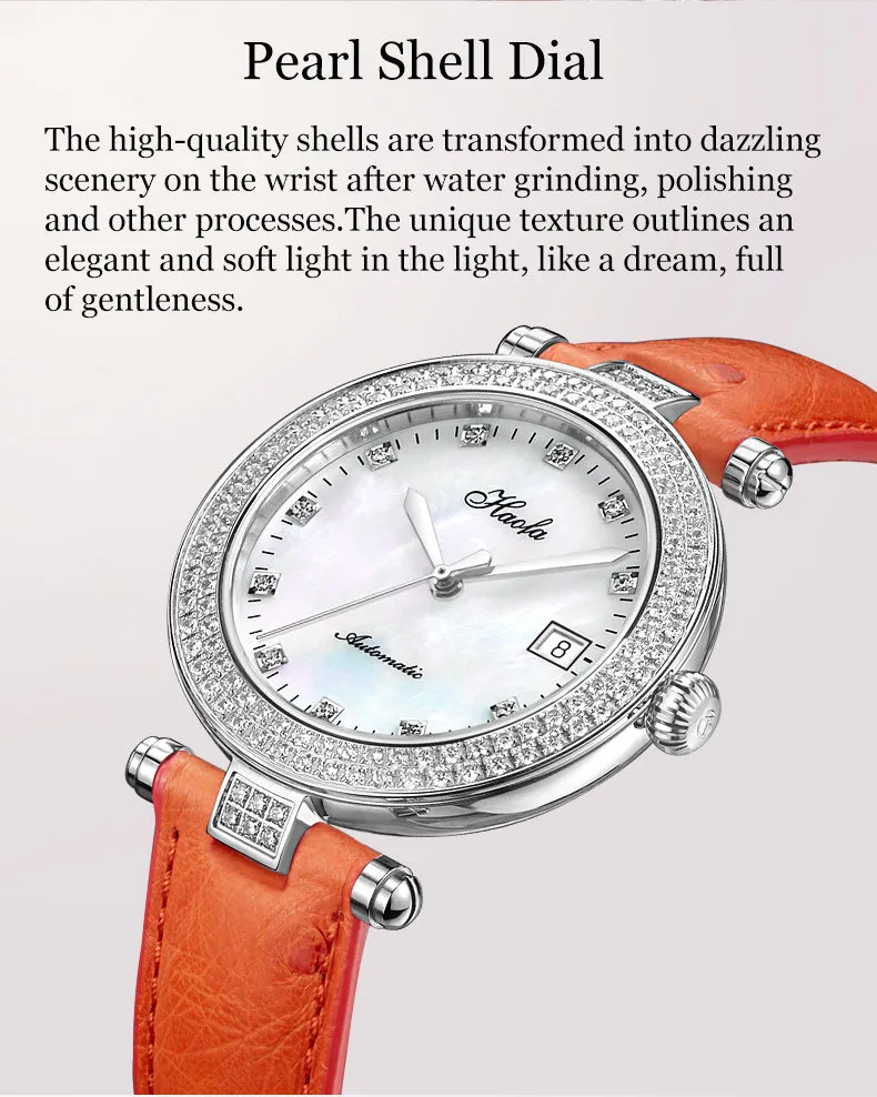 Haofa Automatic Sapphire Date Rhinestone Pearl Shell Dial Ladies Watch Bamboo Calfskin Strap 1315