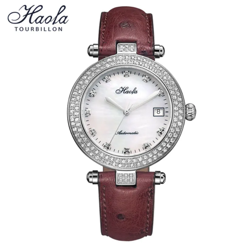 Haofa Automatic Sapphire Date Rhinestone Pearl Shell Dial Ladies Watch Bamboo Calfskin Strap 1315