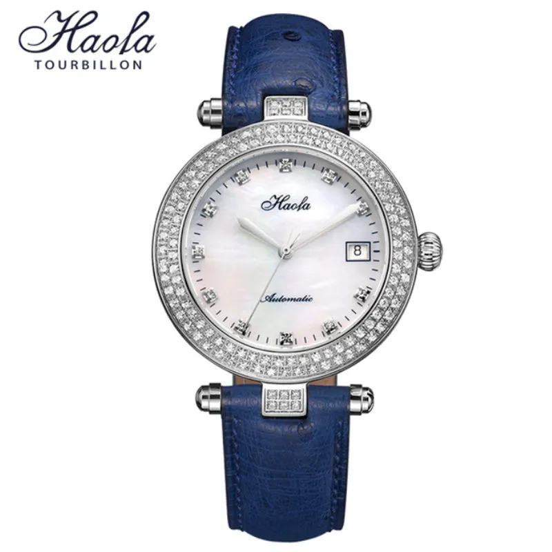 Haofa Automatic Sapphire Date Rhinestone Pearl Shell Dial Ladies Watch Bamboo Calfskin Strap 1315