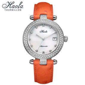 Haofa Automatic Sapphire Date Rhinestone Pearl Shell Dial Ladies Watch Bamboo Calfskin Strap 1315