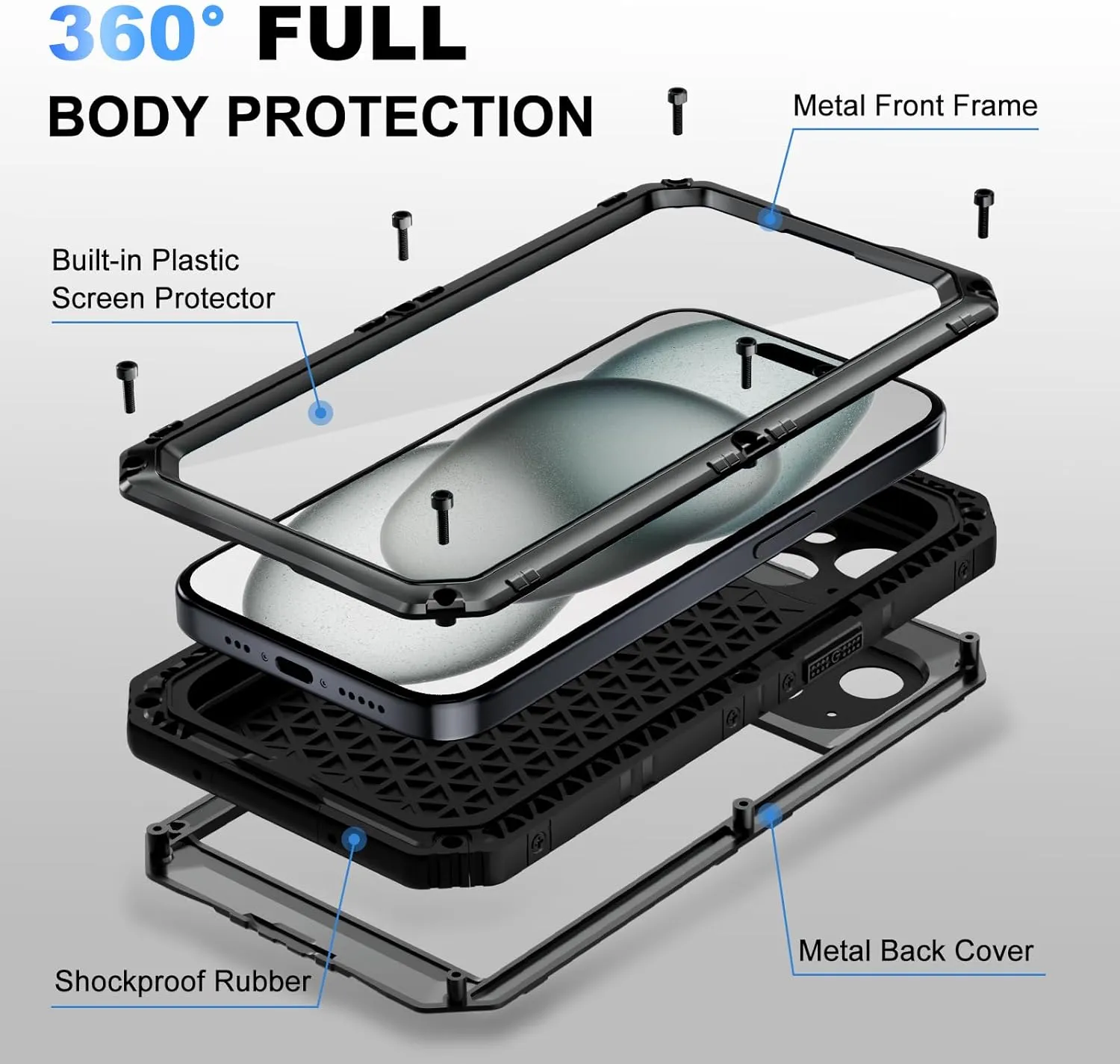 iPhone 15 Plus Case Waterproof Metal Heavy Duty Full Body Protective Case