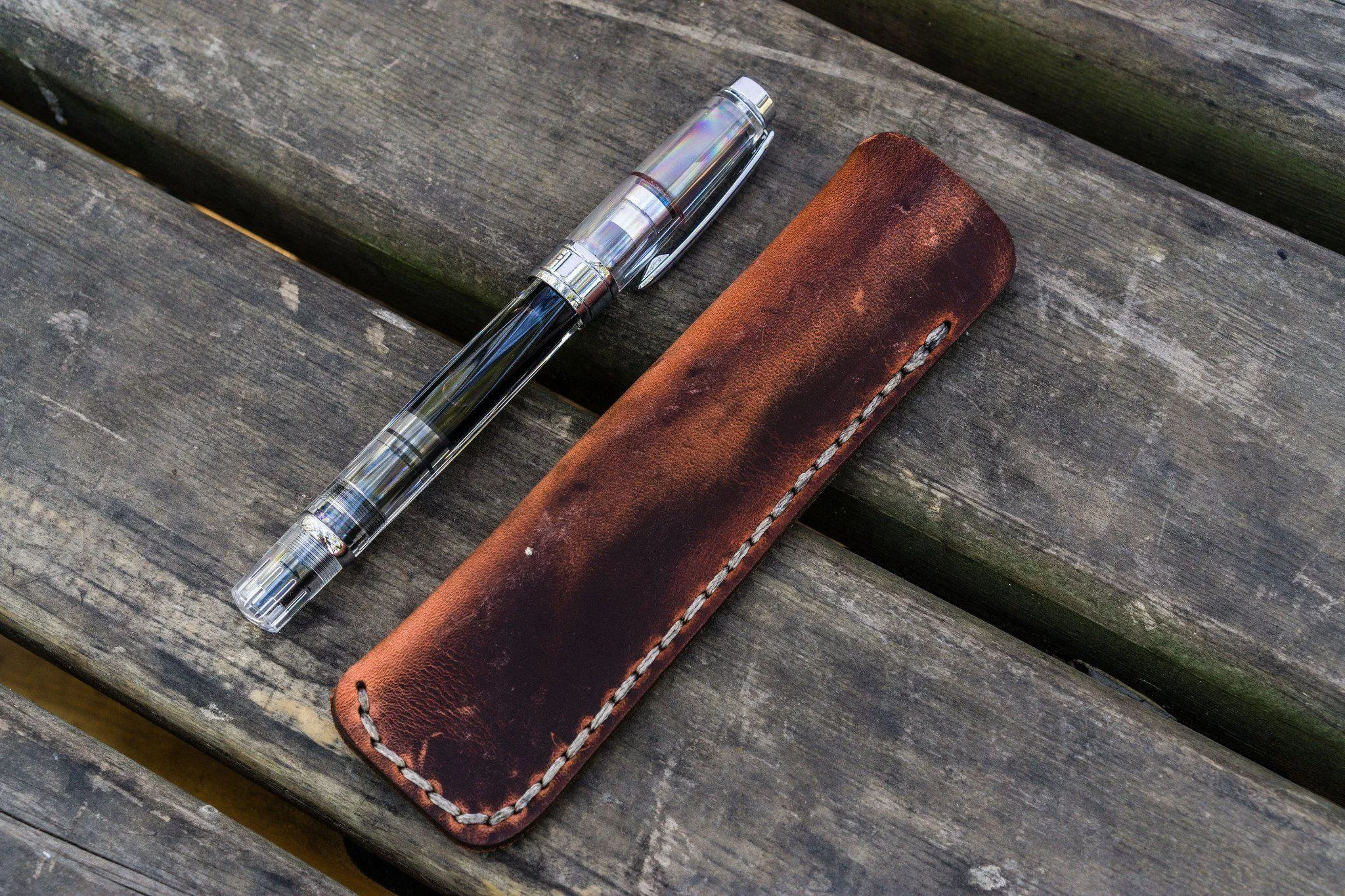 Leather Single Fountain Pen Case / Pen Pouch - Crazy Horse Orange