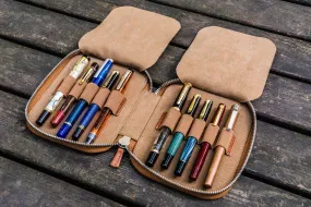 Leather Zippered 10 Slots Pen Case - Brown