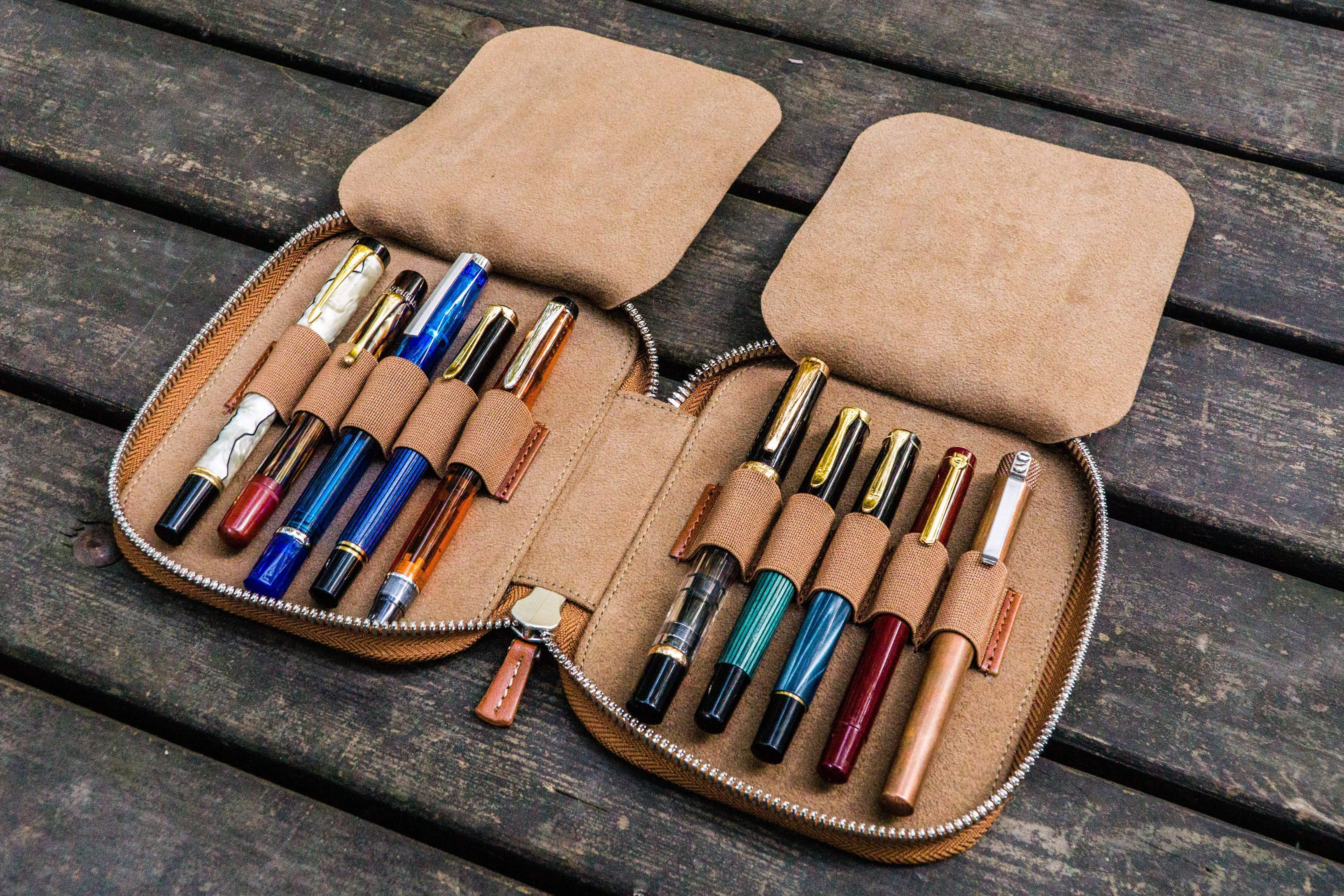 Leather Zippered 10 Slots Pen Case - Brown