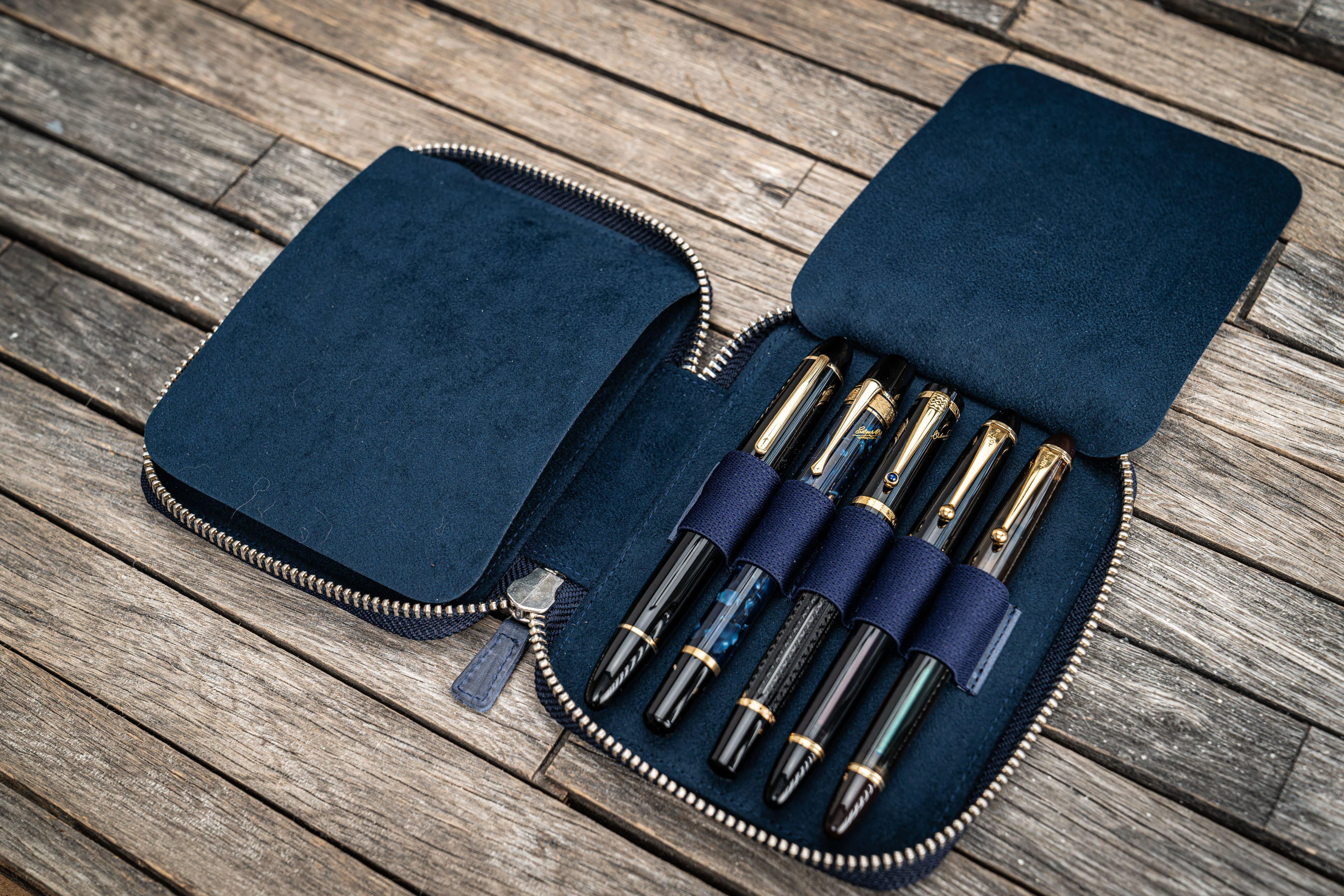 Leather Zippered 10 Slots Pen Case - Crazy Horse Navy Blue