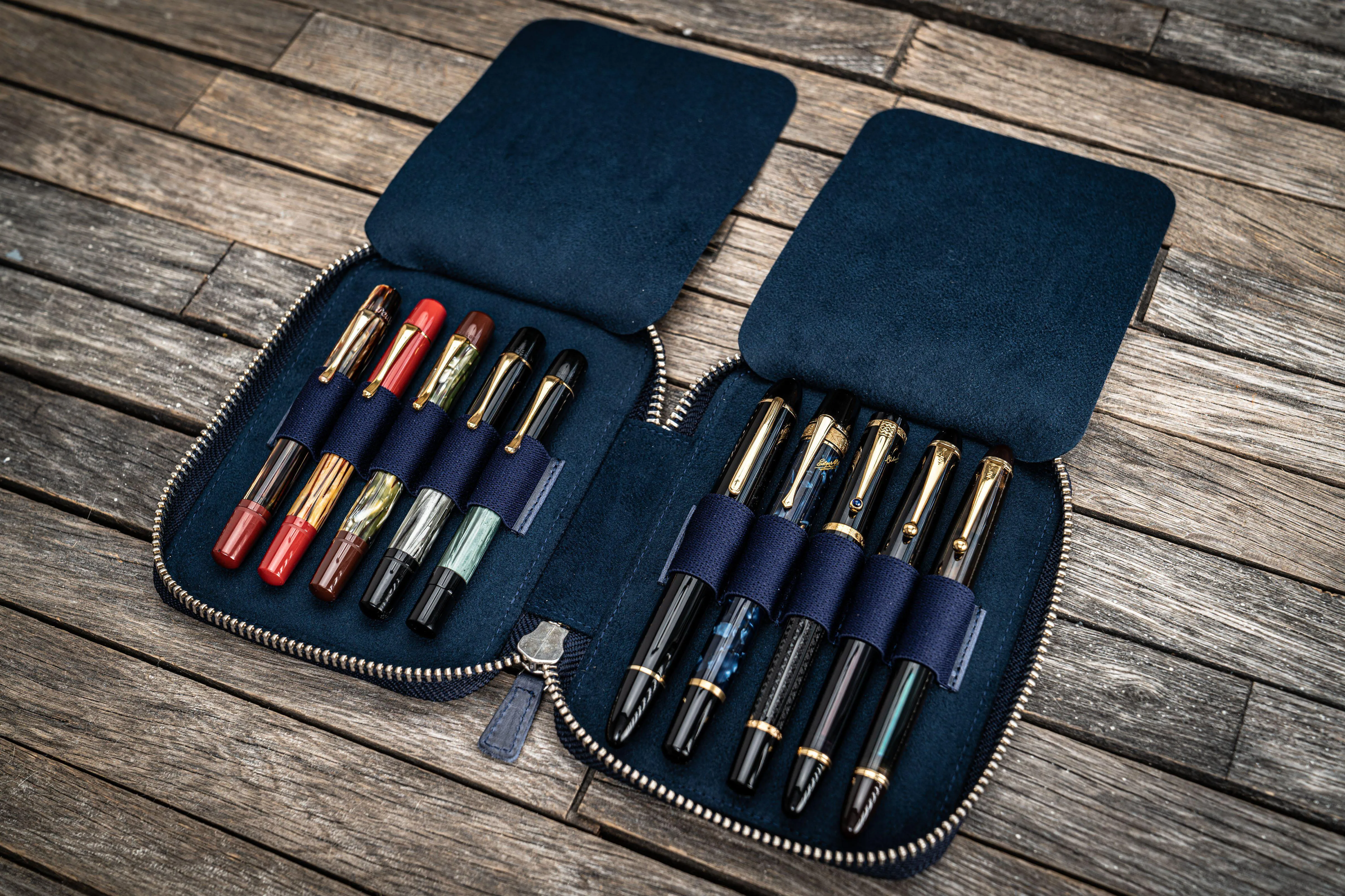 Leather Zippered 10 Slots Pen Case - Crazy Horse Navy Blue