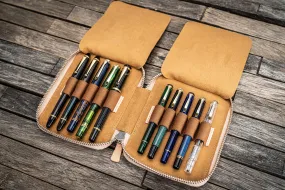 Leather Zippered 10 Slots Pen Case - Undyed Leather