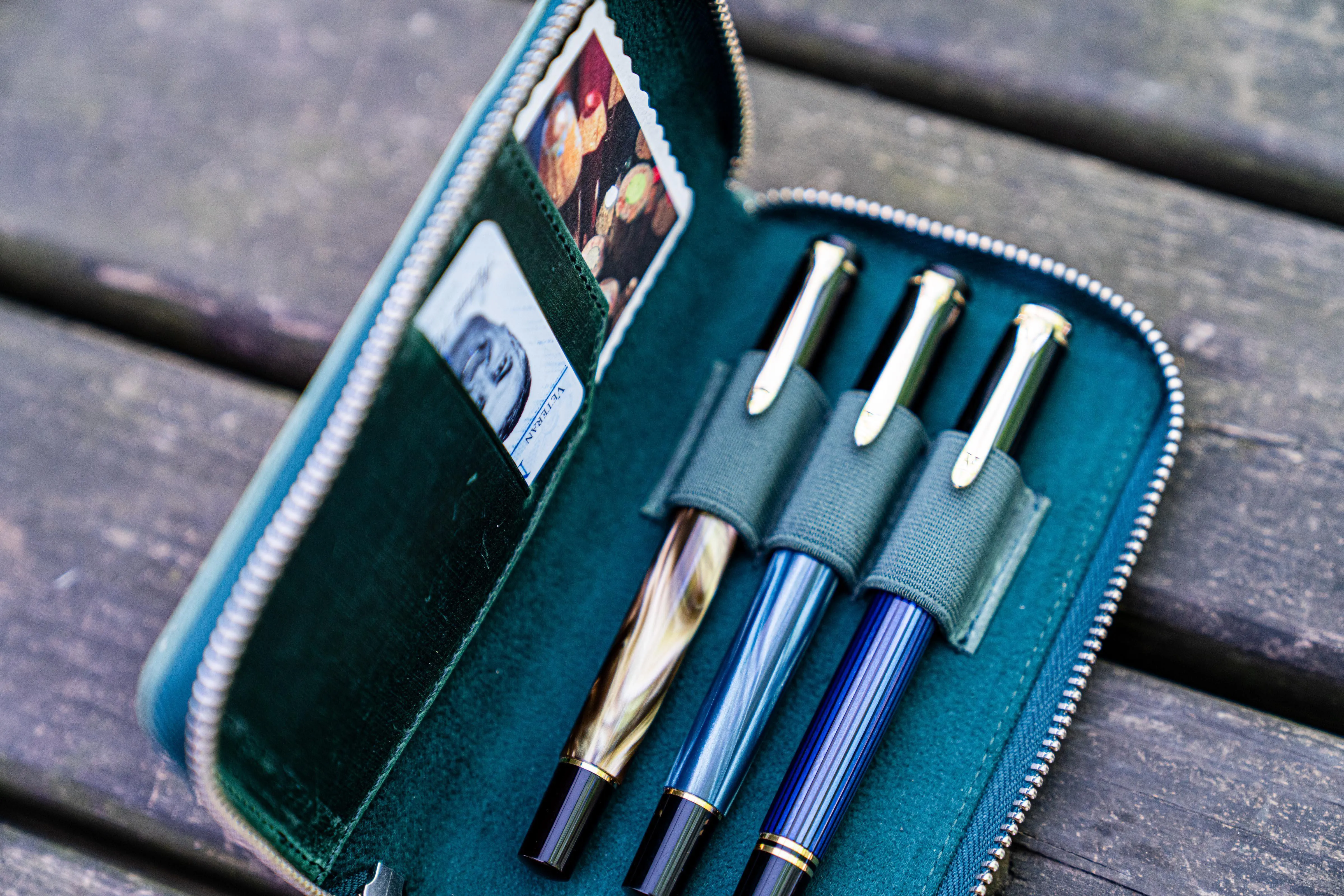 Leather Zippered 3 Slots Pen Case - Crazy Horse Forest Green