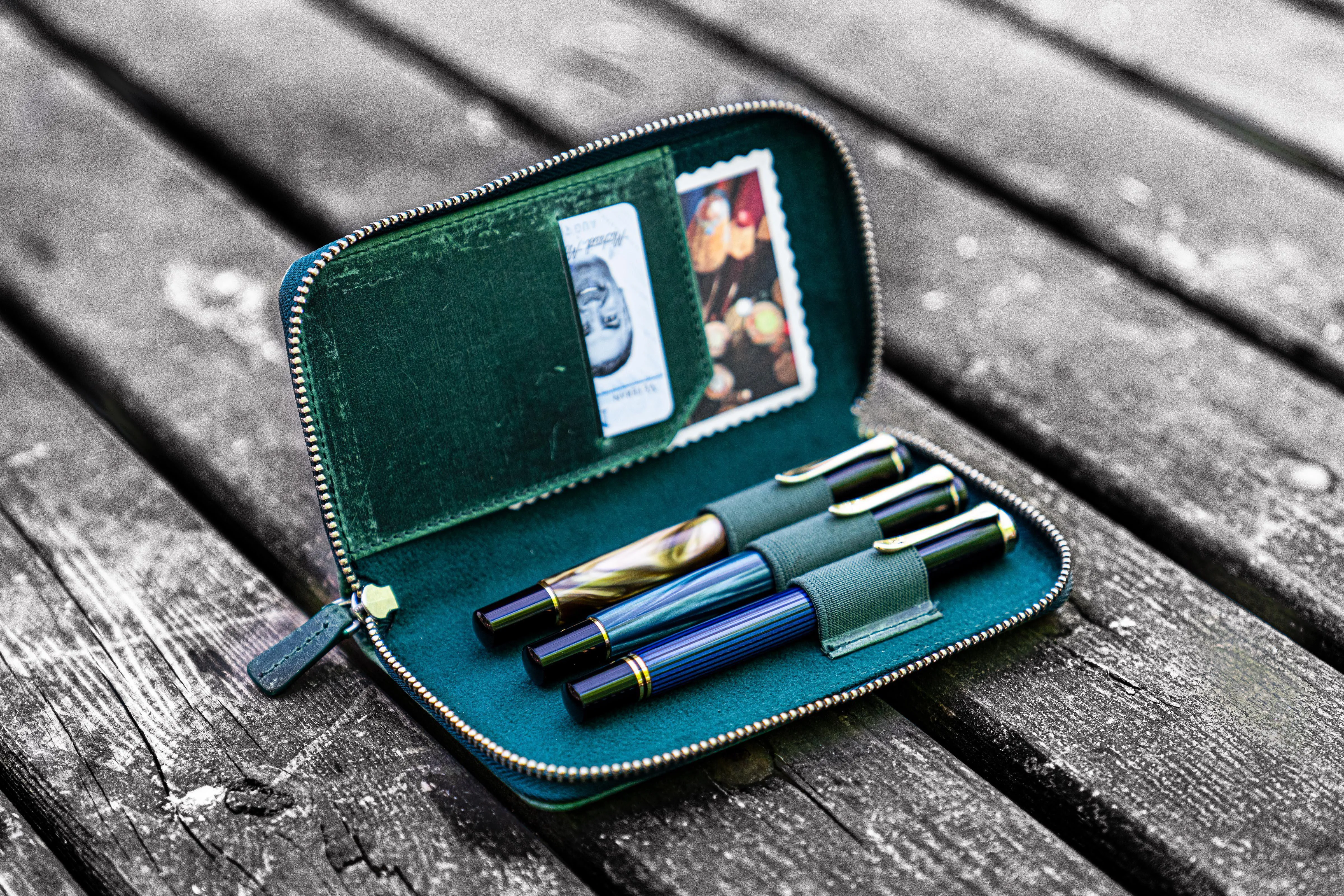 Leather Zippered 3 Slots Pen Case - Crazy Horse Forest Green