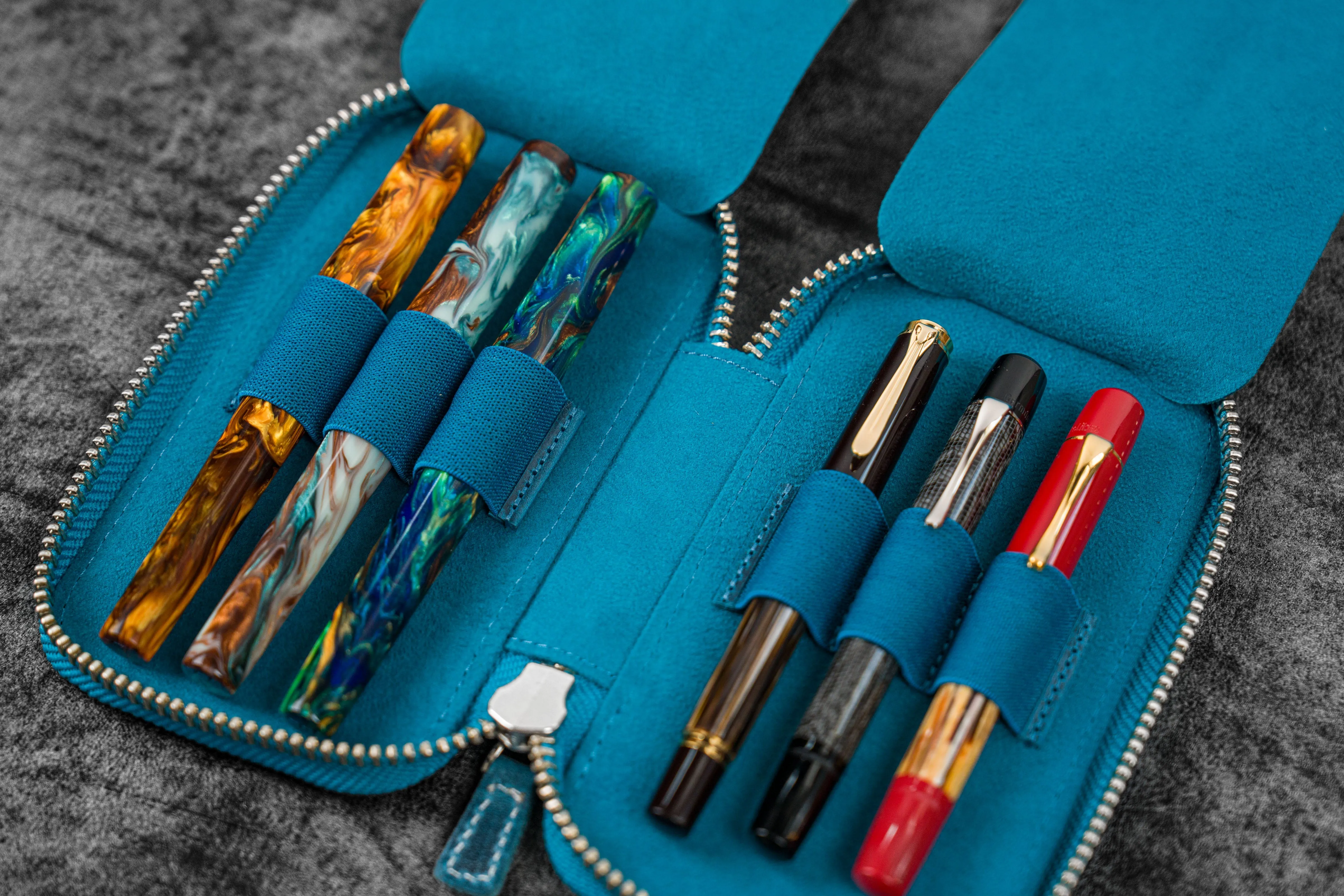 Leather Zippered 6 Slots Pen Case - C.H. Ocean Blue