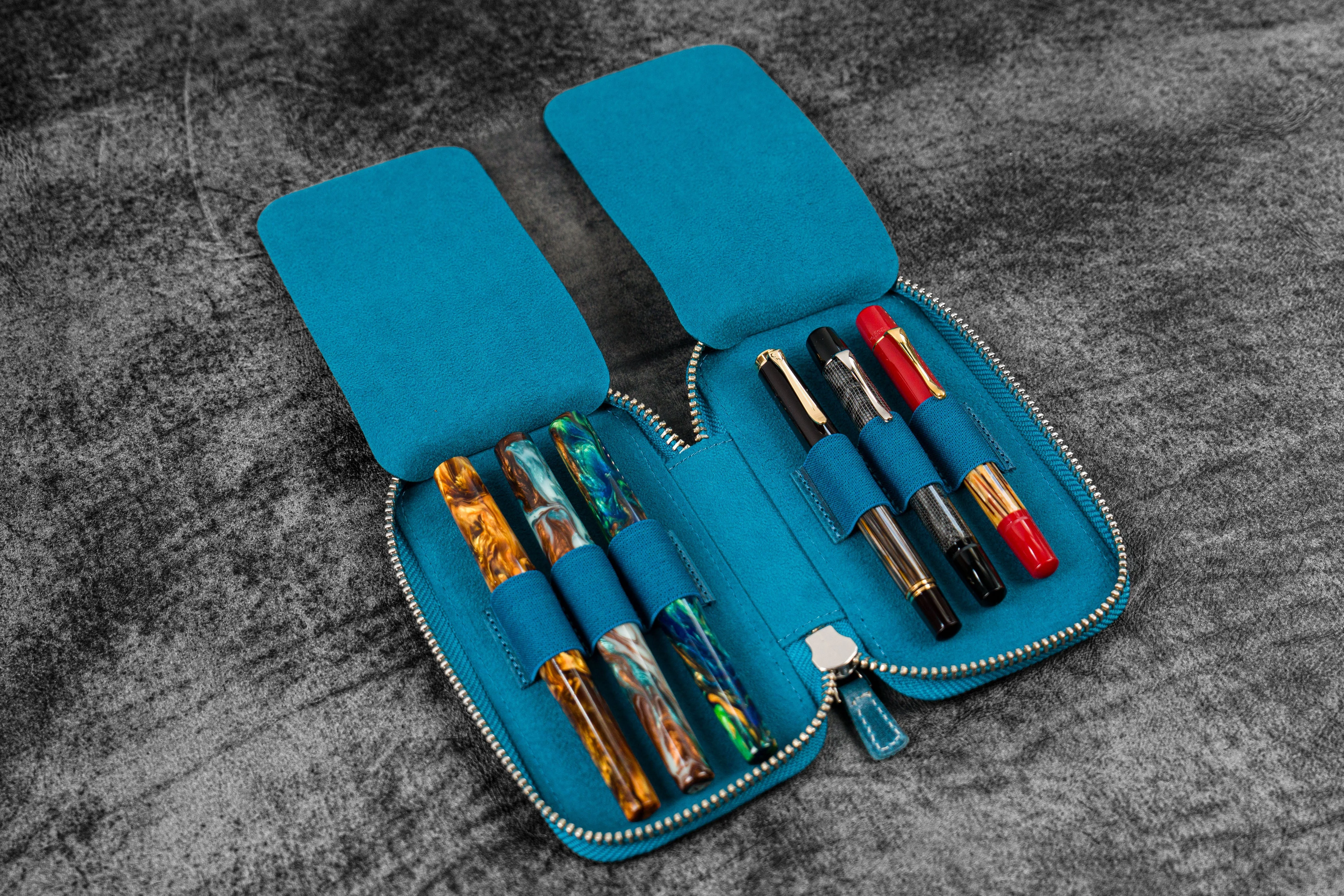 Leather Zippered 6 Slots Pen Case - C.H. Ocean Blue