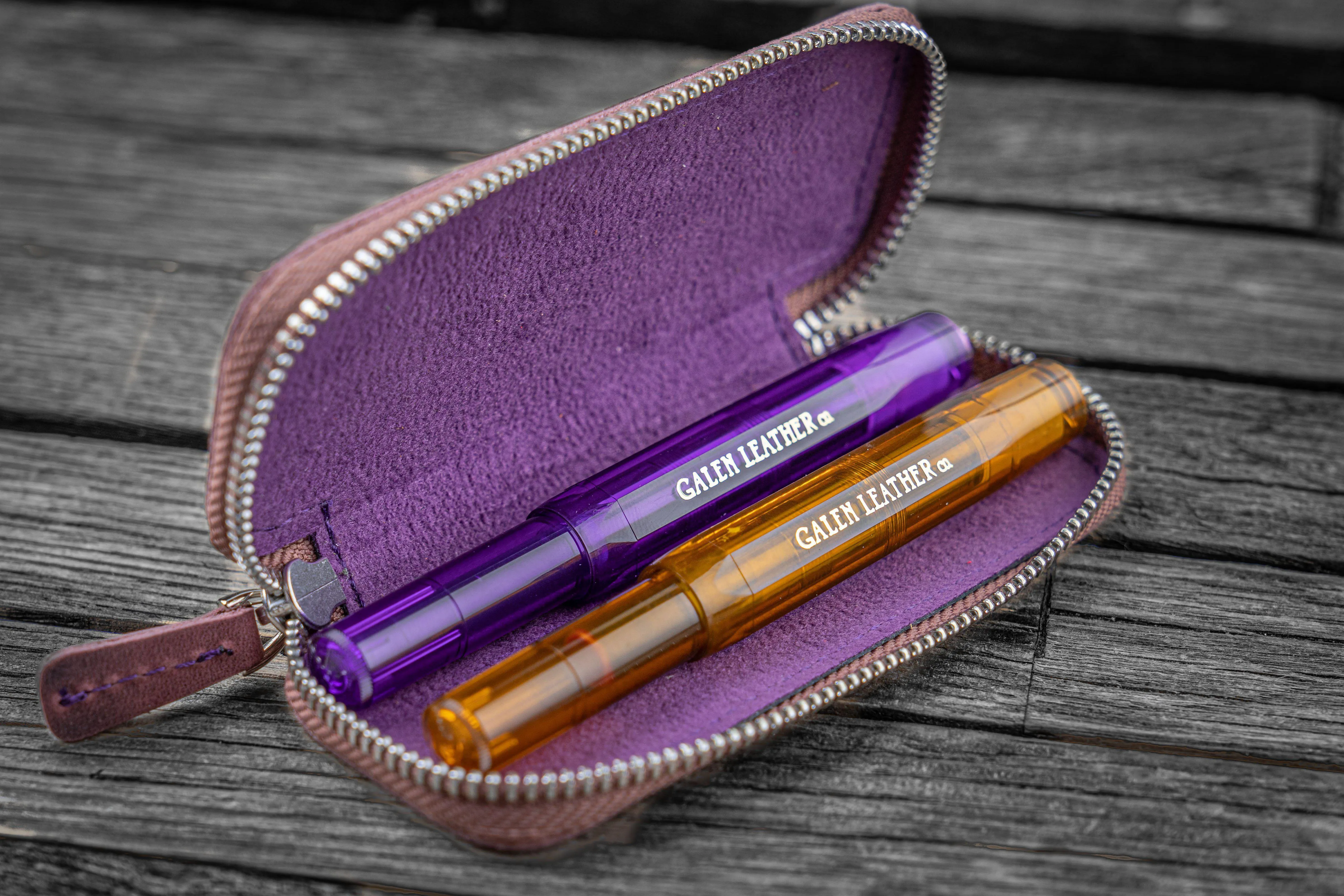 Leather Zippered Double Pen Case for Kaweco - Pocket Pen - Purple