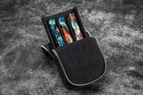 Leather Zippered Magnum Opus 3 Slots Hard Pen Case with Removable Pen Tray - Black